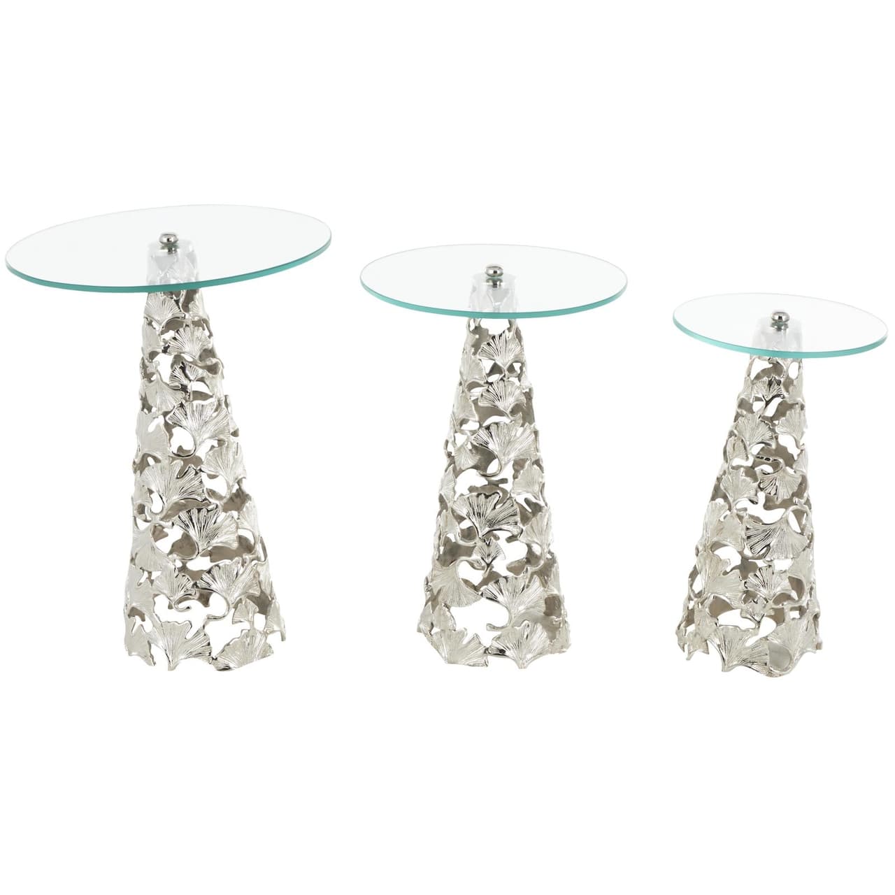 Silver Accent Table with Tempered Glass Tabletops Set